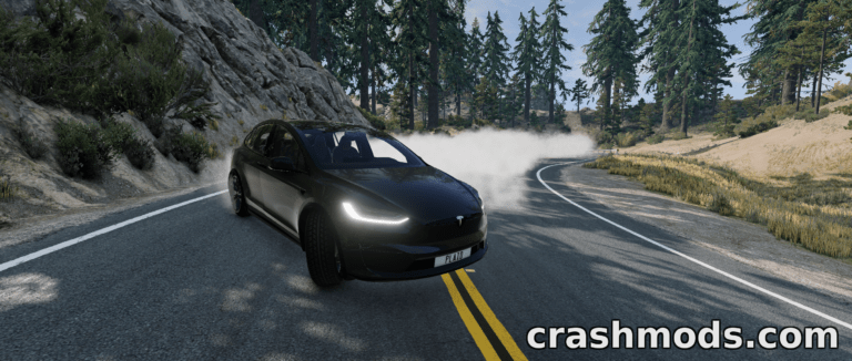 Black Tesla Model X drifts around a winding road, kicking up dust in BeamNG.drive mod.
