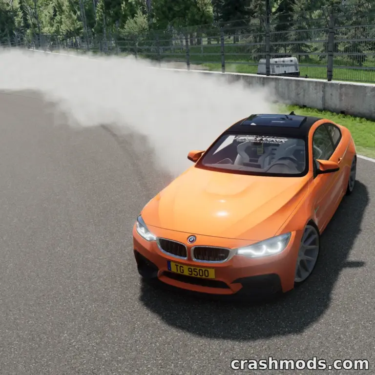 A modified orange BMW drifts on a racetrack, releasing thick smoke from its tires in BeamNG.drive.