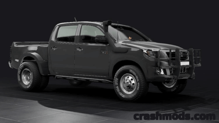 Toyota Hilux mod for BeamNG.drive showcases a rugged black pickup truck with off-road features and a protective grille.