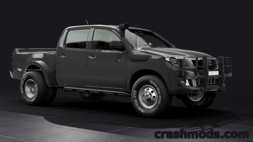 Toyota Hilux mod for BeamNG.drive showcases a rugged black pickup truck with off-road features and a protective grille.