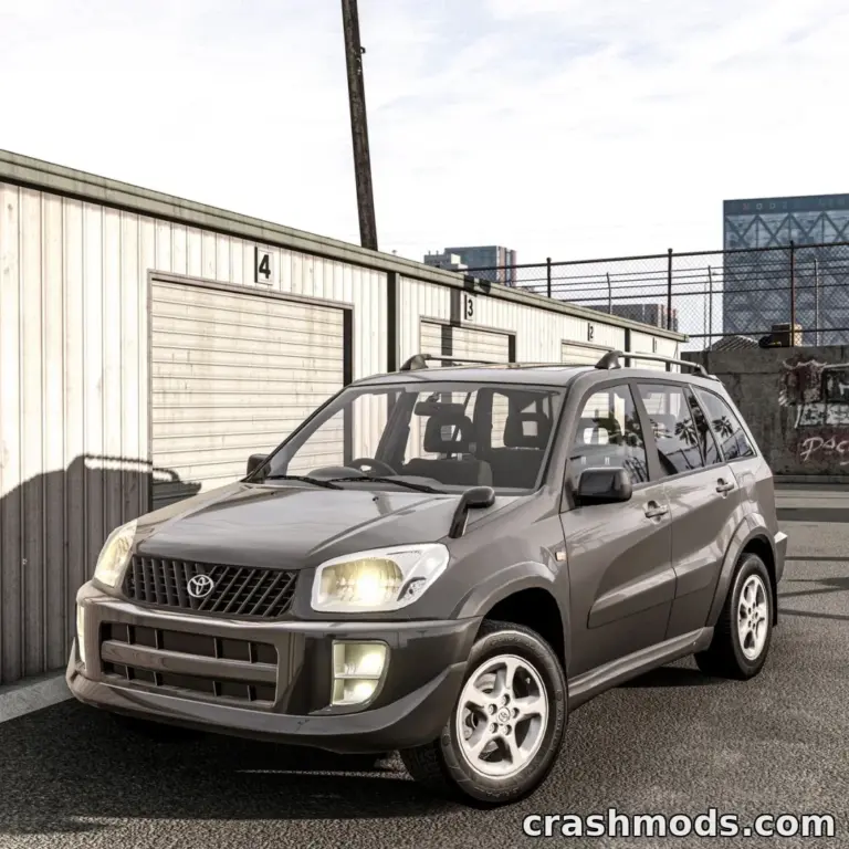 Toyota RAV4 2000–2005 mod showcased in BeamNG.drive, parked in an urban environment with detailed textures.