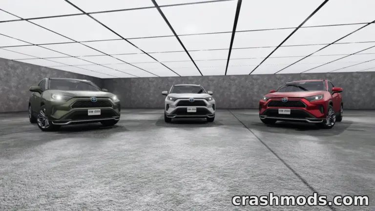 Three Toyota RAV4 models in a sleek garage setting, showcasing detailed textures and vibrant colors in BeamNG.drive.