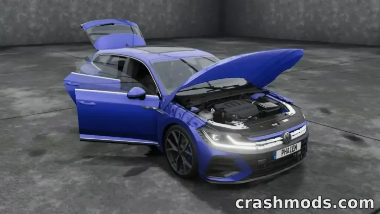 Blue Volkswagen Arteon mod for BeamNG.drive with open doors and hood, showcasing detailed engine design.