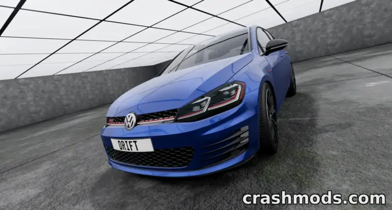Volkswagen Golf 7 in a sleek blue finish, showcased in a modern garage setting, ready for drifting action.