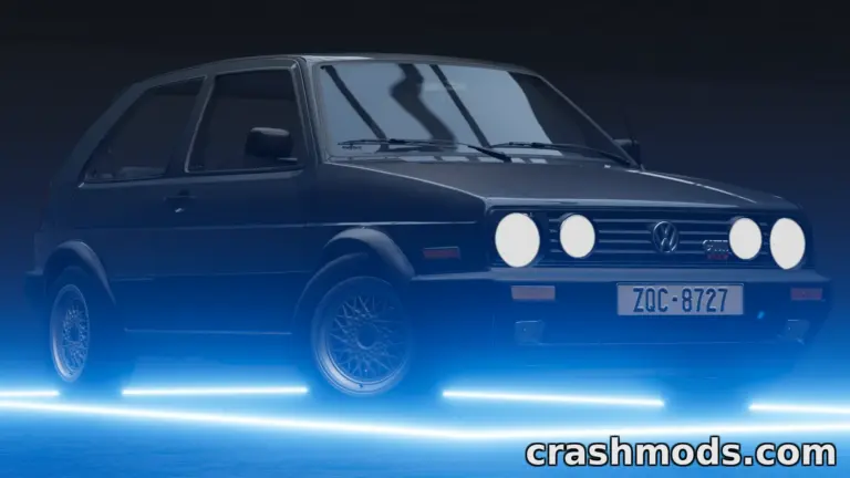 Volkswagen Golf MK2 showcased in a sleek, illuminated setting, highlighting its classic design and modded features.