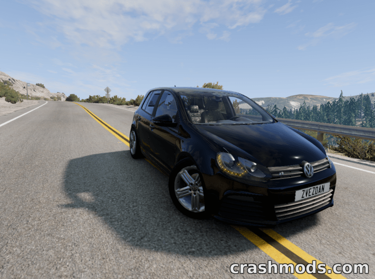 A sleek black Volkswagen Golf MK6 drives along a scenic road in BeamNG.drive, showcasing its detailed design.
