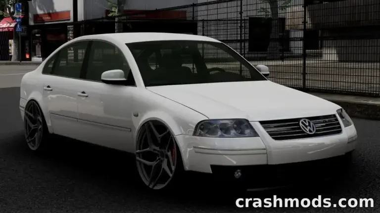 White Volkswagen Passat B5 mod for BeamNG.drive, showcasing sleek design and custom alloy wheels in an urban setting.
