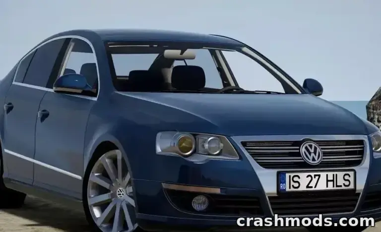 Volkswagen Passat B6 mod for BeamNG.drive showcases a sleek blue sedan with detailed exterior and interior.
