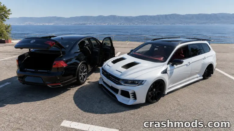 Two Volkswagen Passat B8 cars in a scenic outdoor setting, showcasing a sleek black model and a modified white version.