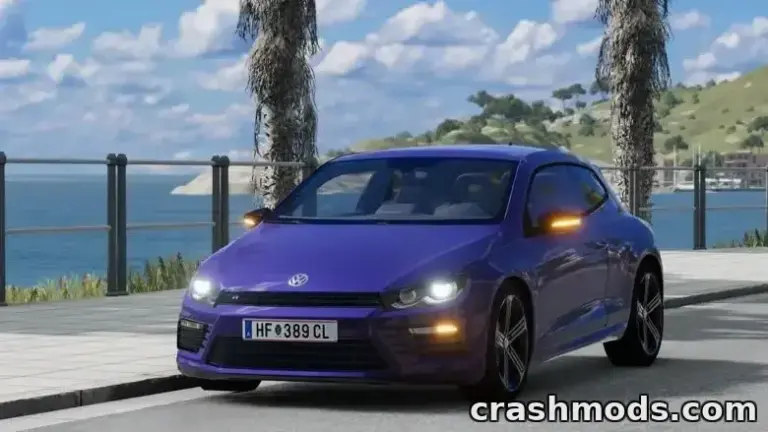 A vibrant purple Volkswagen Scirocco parked by the seaside, showcasing its sleek design and modern features in BeamNG.drive.