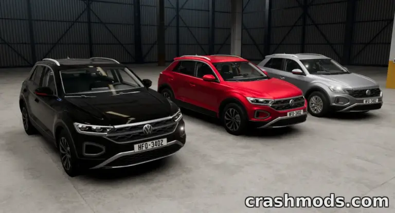 Three Volkswagen T-Roc models in a garage setting, showcasing different colors and designs for BeamNG.drive mod.