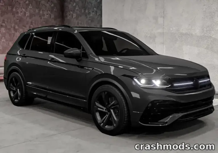 Sleek black Volkswagen Tiguan showcased in a modern garage setting, highlighting its detailed design and sporty features.