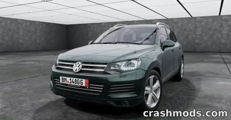 Volkswagen Touareg showcased in BeamNG.drive, highlighting its sleek design and detailed features in a virtual garage setting.