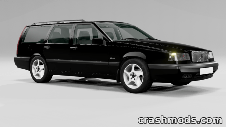 Black Volvo 850 wagon from 1991–2000 showcased in BeamNG.drive mod, highlighting sleek design and detailed features.