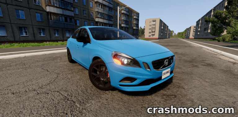 A vibrant blue Volvo S60 P3 parked on a city street in BeamNG.drive, showcasing its sleek design and details.