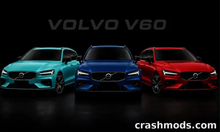 Three Volvo V60 cars in vibrant colors—turquoise, blue, and red—showcased against a dark background.