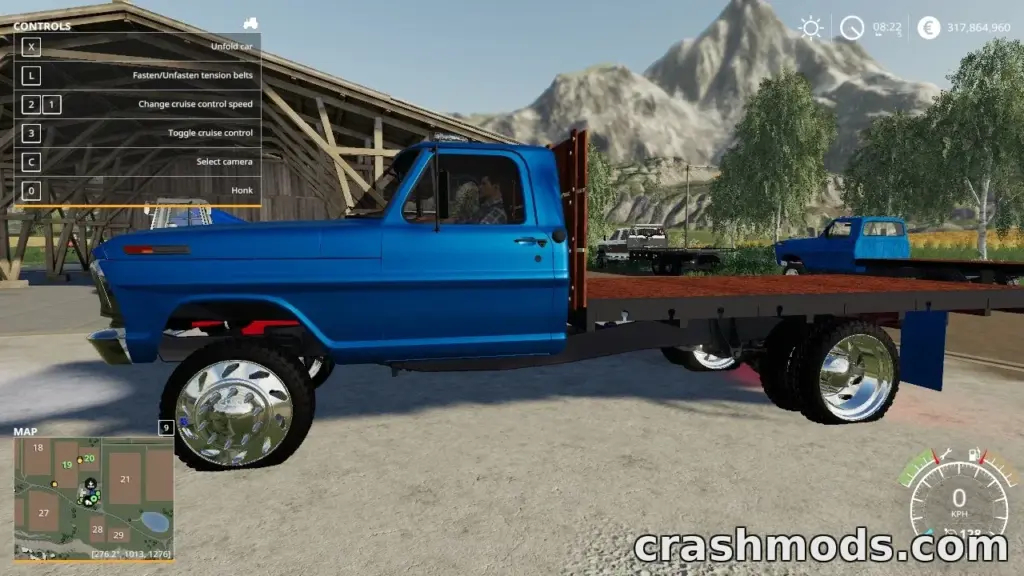 A blue 1970 Ford F350 Flatbed truck is showcased in Farming Simulator 19, highlighting its detailed design and controls.