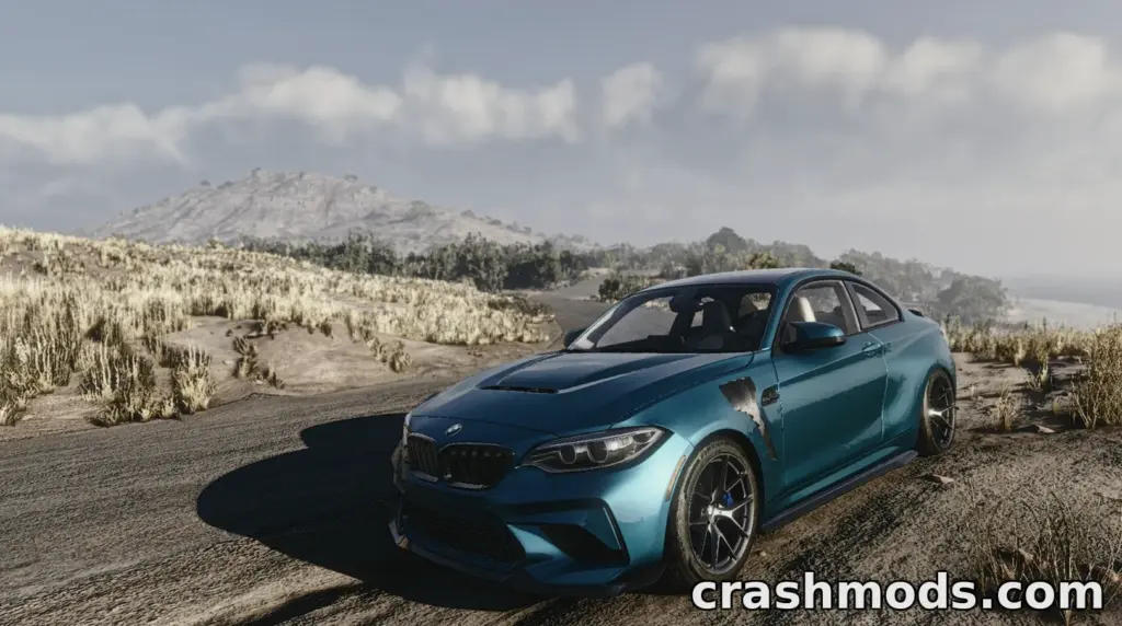 The 2016-2021 BMW M2 F87 showcases a sleek design parked on rugged terrain in BeamNG.drive.
