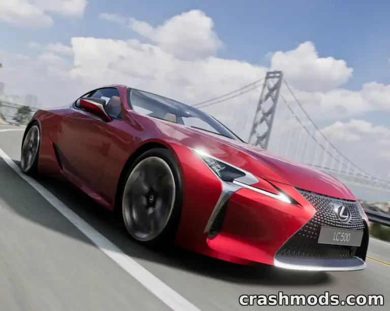 Lexus LC500 in vibrant red speeding along a scenic road with a bridge in the background in BeamNG.drive mod.