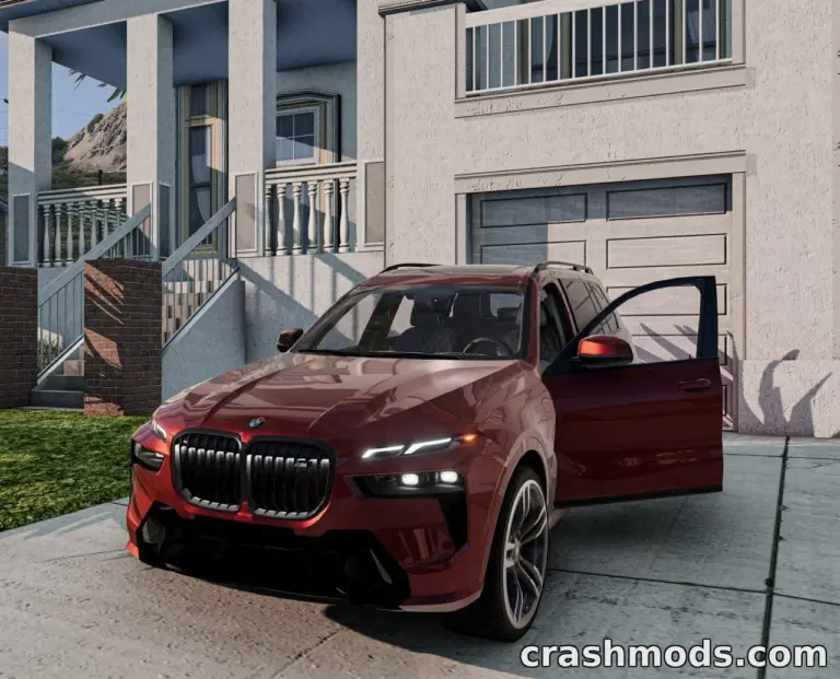 The 2024 BMW X7 M60i xDrive (G07) mod showcases a sleek SUV parked in a driveway with an open door.