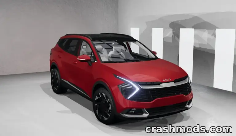 2024 Kia Sportage mod showcased in BeamNG.drive, featuring a sleek red design and detailed interior.