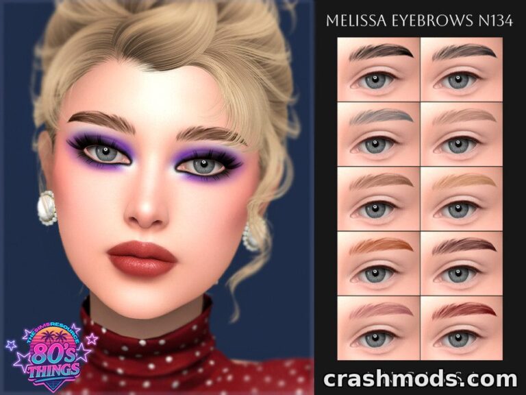 Showcasing the "80's Melissa Eyebrows N134" mod for The Sims 4, featuring various eyebrow styles and colors.