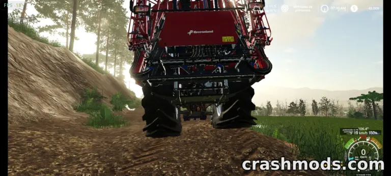 A Farming Simulator 19 vehicle navigates a rugged terrain, showcasing advanced tire wear and physics in action.