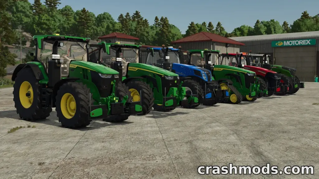 A lineup of various tractors from the "AgriBumper Free Version" mod for Farming Simulator 25, showcasing vibrant colors and details.