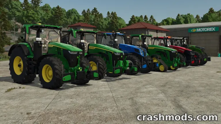 A lineup of various tractors from the "AgriBumper Free Version" mod for Farming Simulator 25, showcasing vibrant colors and details.