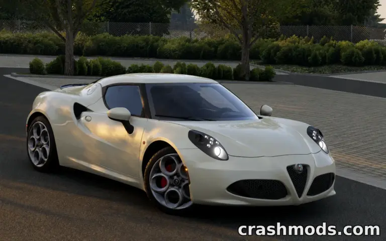 Alfa Romeo C4 mod for BeamNG.drive showcases a sleek white sports car parked on a scenic street.