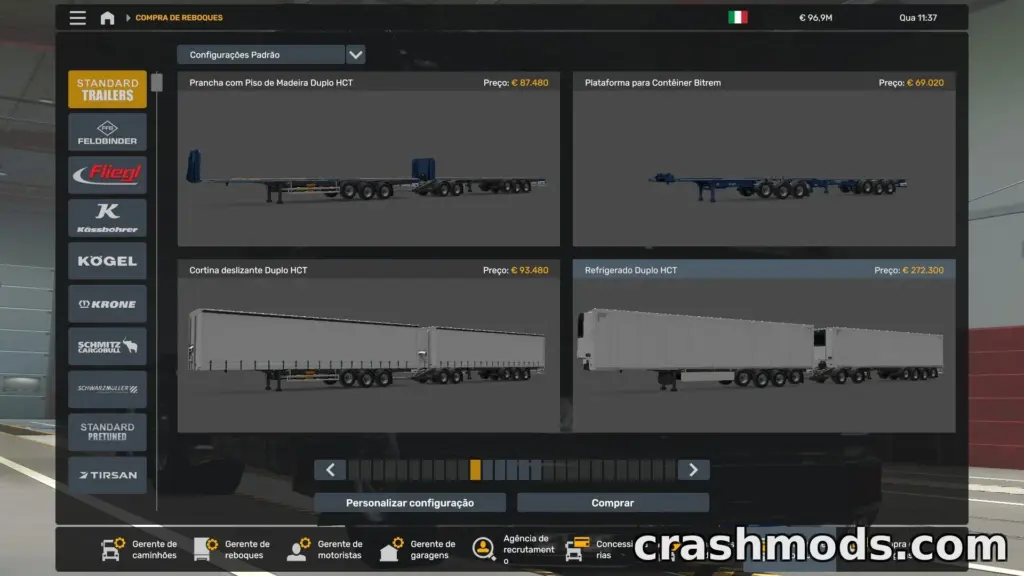 Showcases the "All Trailers Unlocked" mod for Euro Truck Simulator 2, featuring various trailer configurations.