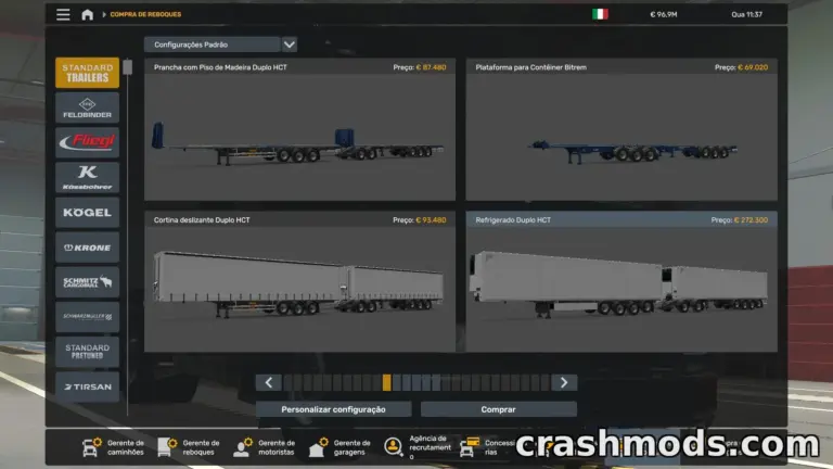 Showcases the "All Trailers Unlocked" mod for Euro Truck Simulator 2, featuring various trailer configurations.