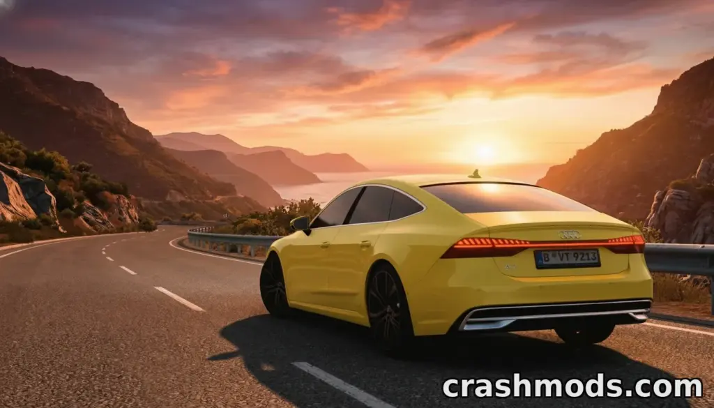The vibrant yellow Audi A7 Sportback 2024 drives along a scenic coastal road at sunset in Euro Truck Simulator 2.