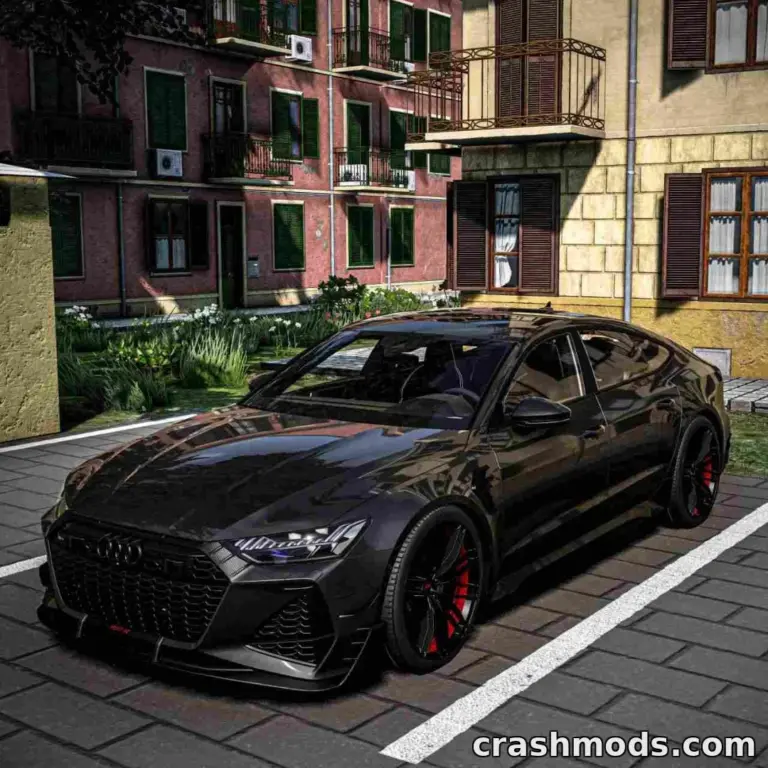 Sleek black Audi RS7 parked on a cobblestone street, showcasing its detailed mod design for BeamNG.drive.