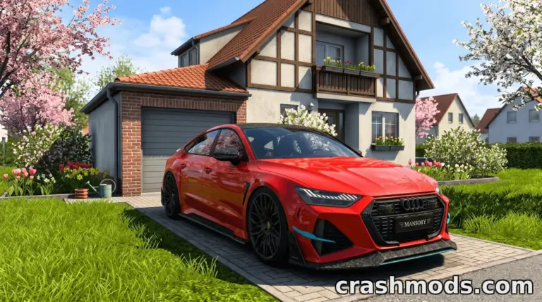 Red Audi RS 7 Mansory P780 parked in front of a charming house, surrounded by blooming flowers and lush greenery.