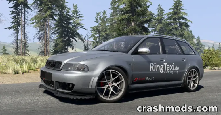 Audi RS4 B5 1999 mod for BeamNG.drive, showcasing a sleek silver car with custom wheels on a scenic road.