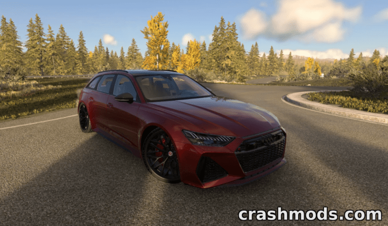 Audi RS6 Remap 0.39 mod showcased in BeamNG.drive, featuring a sleek red vehicle on a scenic road.