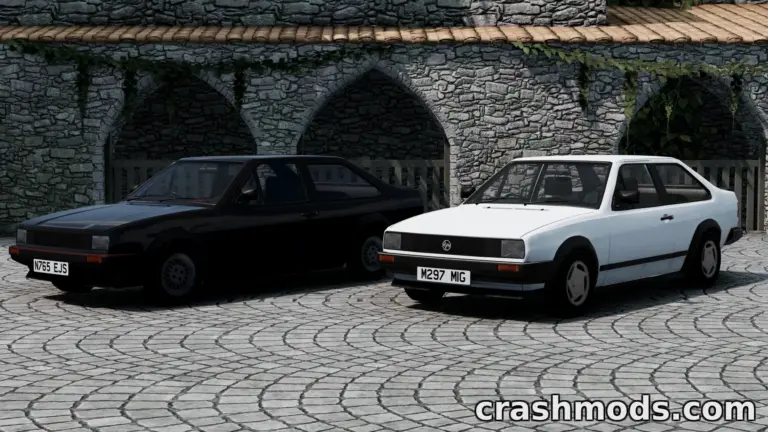 Two modified cars from the "AW Bete" mod for BeamNG.drive, showcasing sleek designs in a stone courtyard.