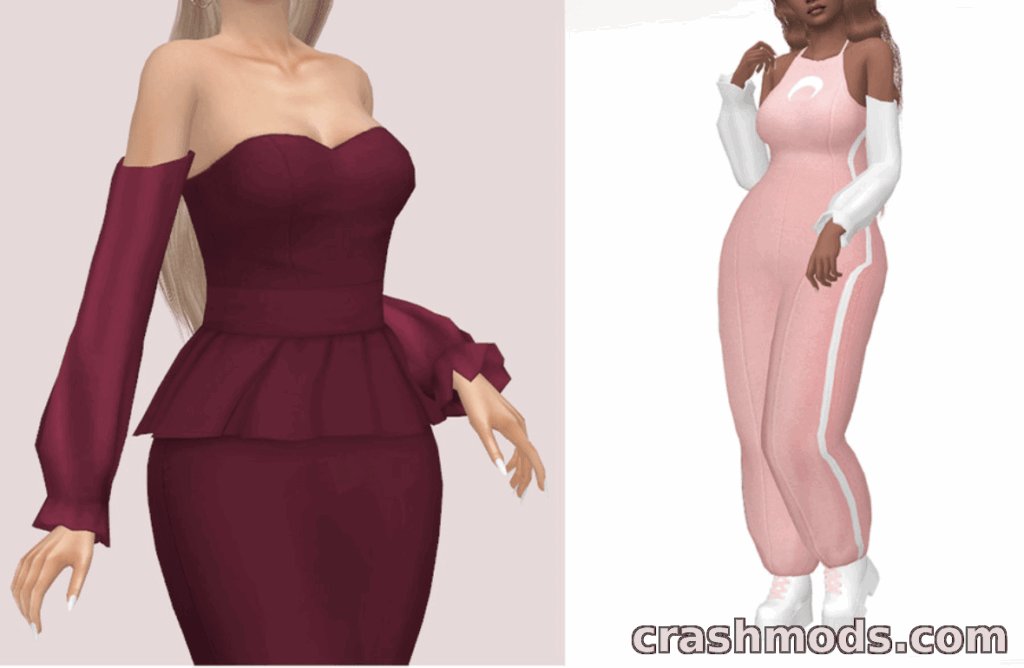 Showcases the "Ayiana Accessory Sleeves" mod for The Sims 4, featuring stylish outfits with unique sleeve designs.