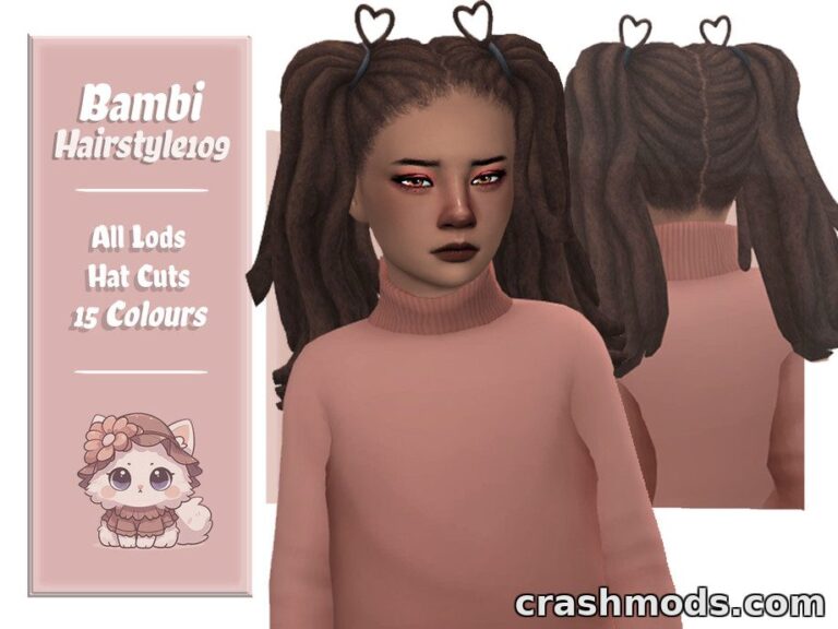 A child sim showcases the "Bambi Hairstyle" with playful pigtails and heart-shaped accessories, available in 15 colors.