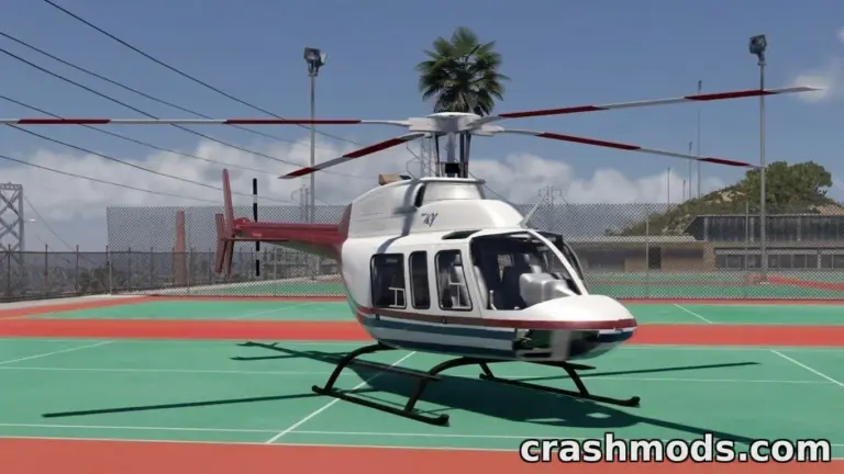 The Bell 407 helicopter is showcased on a tennis court, highlighting its detailed design and realistic textures.