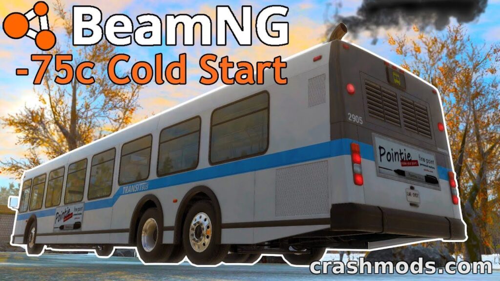 A bus in BeamNG.drive is shown starting up in -75°C conditions, showcasing the "Better Engine Starter" mod.