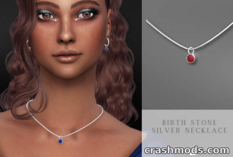 A Sims 4 character showcases the "Birth Stone Silver Necklace" featuring blue and red stones, enhancing her elegant look.