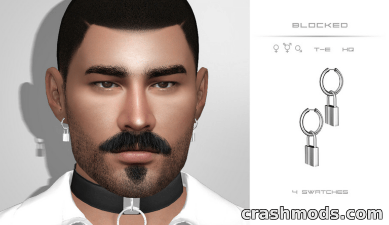 A male Sim showcases the "Blocked" mod with a stylish choker and earrings, featuring four color options.