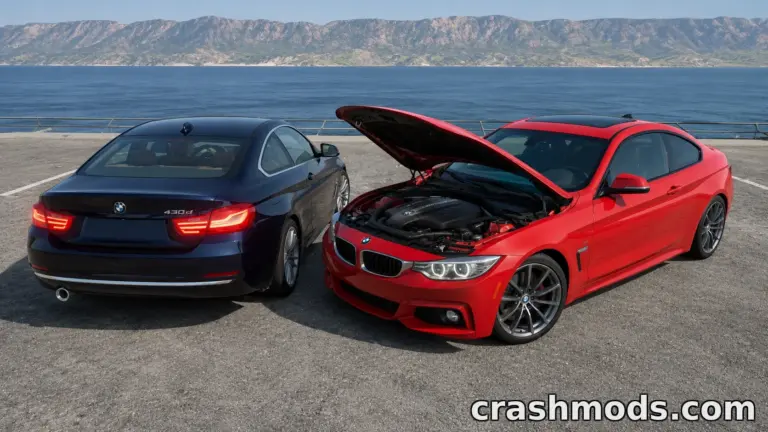 Two BMW 4-Series F32 cars parked by the water, showcasing a sleek blue sedan and a red coupe with its hood open.