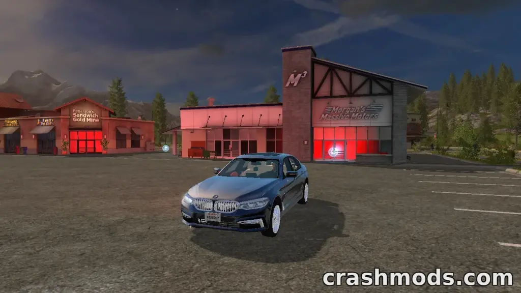 BMW 540i styled as California Highway Patrol vehicle parked outside a garage in Farming Simulator 17.