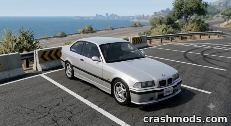 A sleek BMW E36 parked on a scenic road, showcasing the detailed revamp in BeamNG.drive mod.
