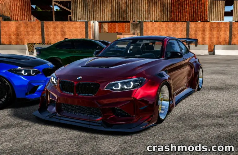 The BMW M2 2020 F87 Sport mod showcases a sleek, red sports car parked in a detailed environment alongside other vehicles.