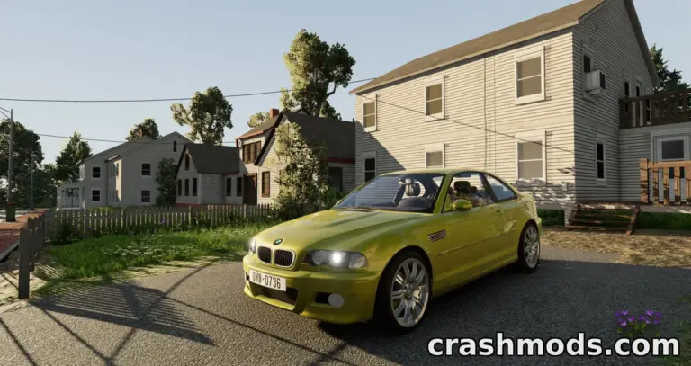 A vibrant yellow BMW M3 E46 Coupe parked on a sunny street, showcasing detailed modding for BeamNG.drive.