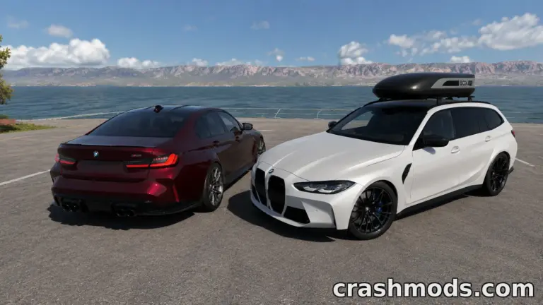Two BMW M3 G80/G81 cars parked by a scenic lakeside, showcasing sleek designs and a rooftop cargo box on the white model.